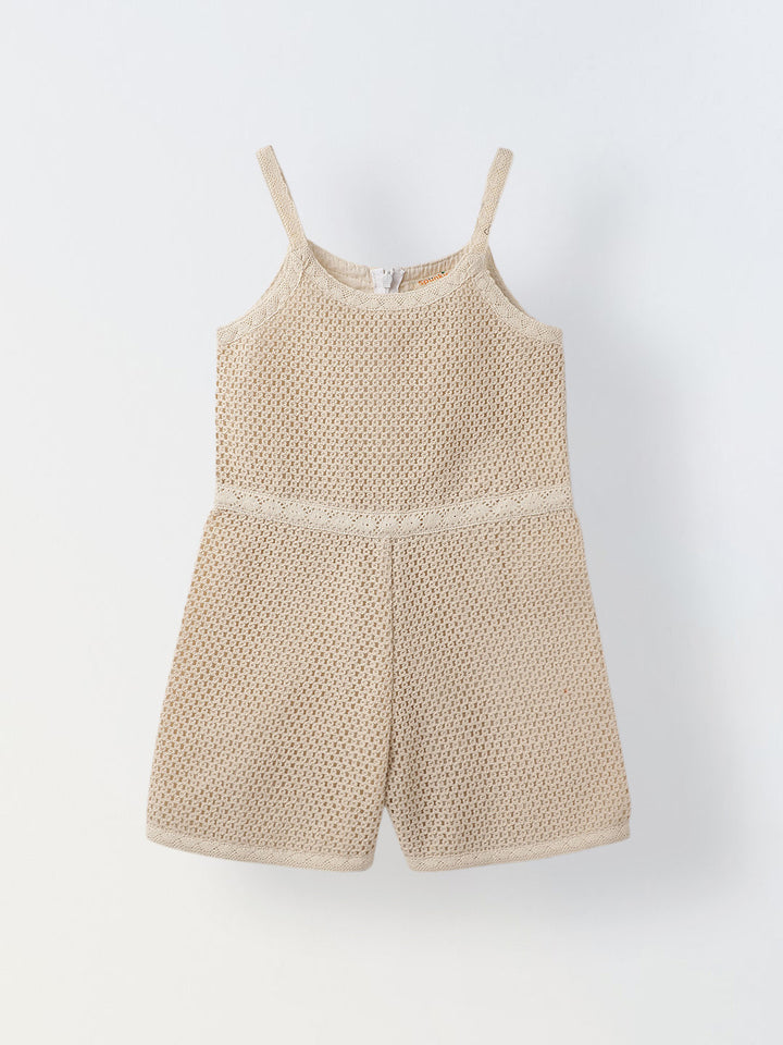Girls Beige Crochet  Sleeveless Jumpsuit