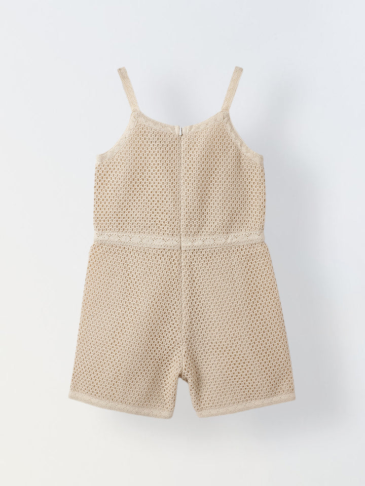 Girls Beige Crochet  Sleeveless Jumpsuit