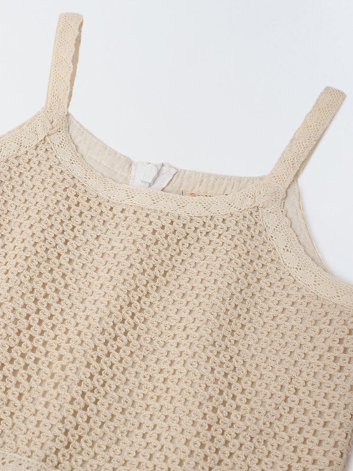 Girls Beige Crochet  Sleeveless Jumpsuit