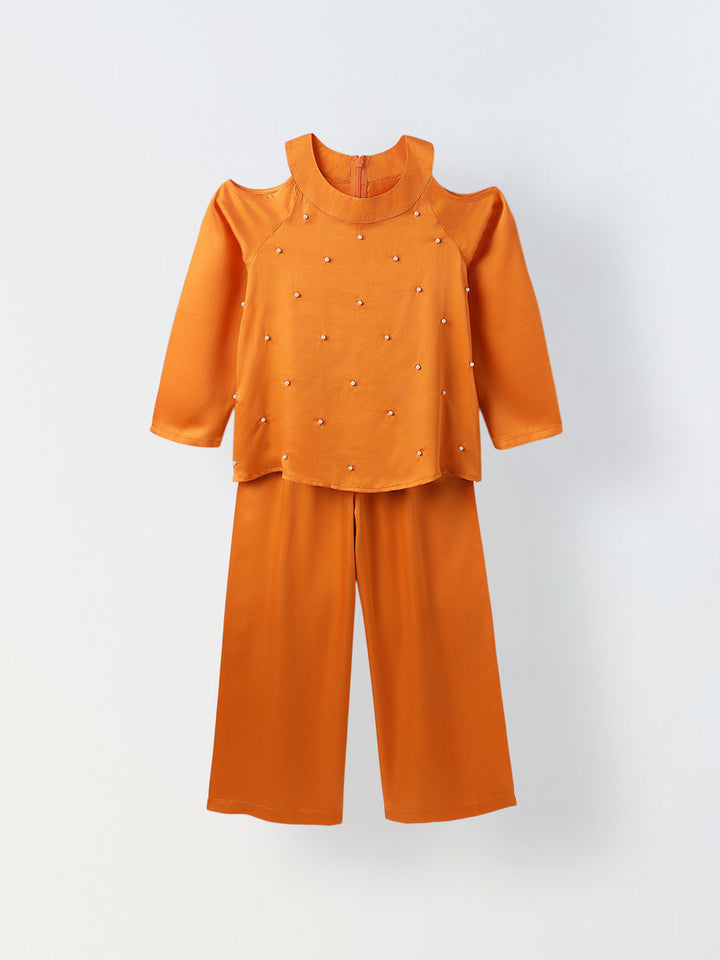 Girl Orange Round Neck Emblishment Ethnic set