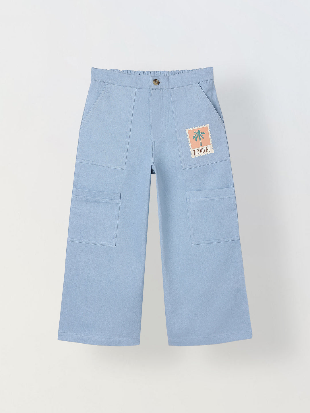 Spunkies Girls Blue Graphic Print Button and Zip Straight Leg Flat-Front Trousers