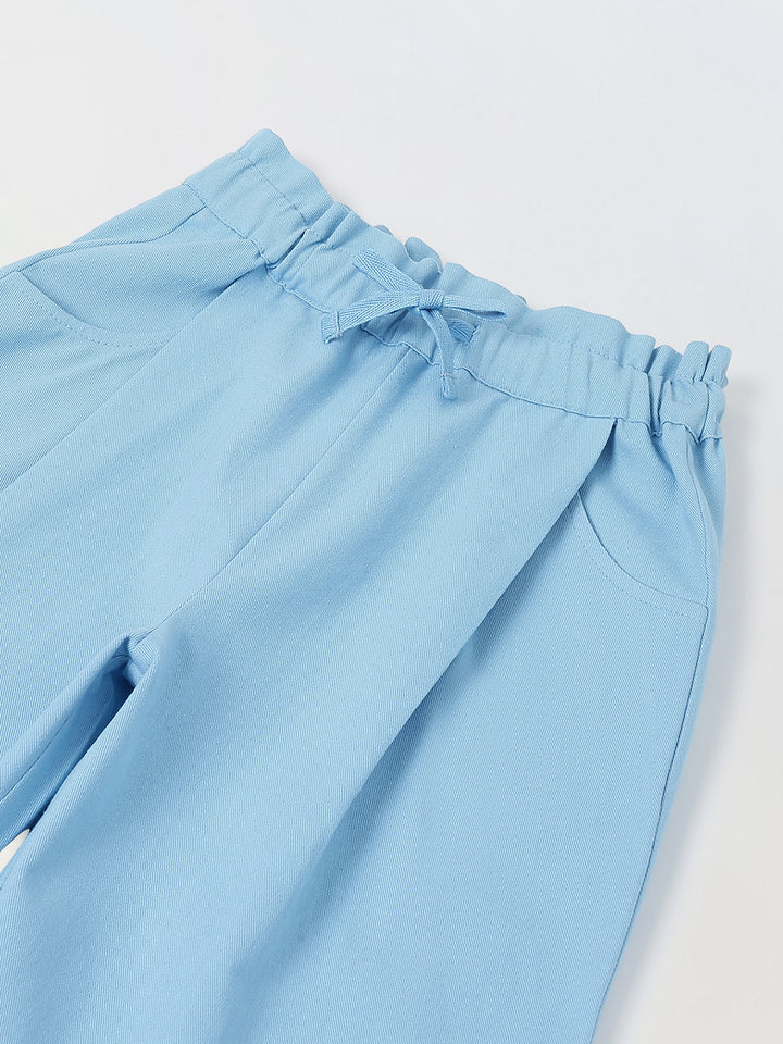 Spunkies Girls Blue Solid Elasticated Waist Single Pleated Trousers