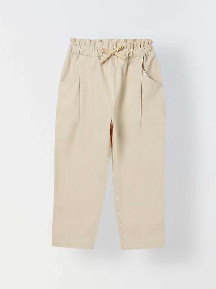 Spunkies Girls Beige Solid Elasticated Waist Single Pleated Trousers