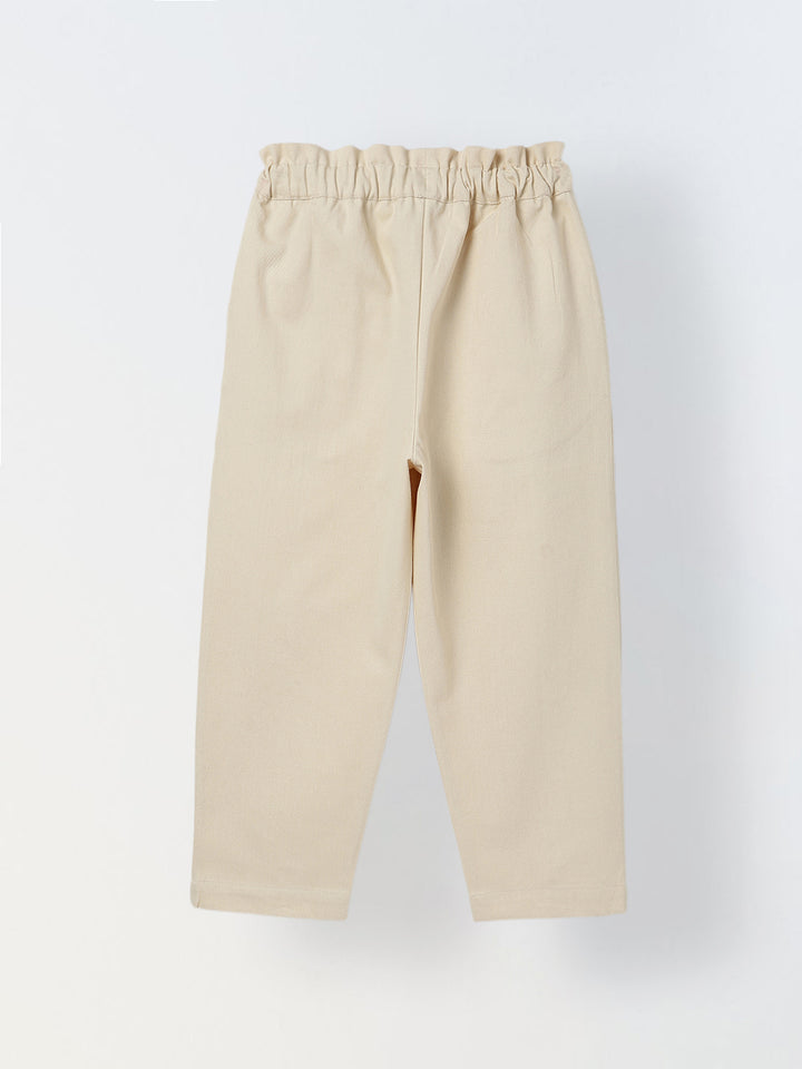 Spunkies Girls Beige Solid Elasticated Waist Single Pleated Trousers