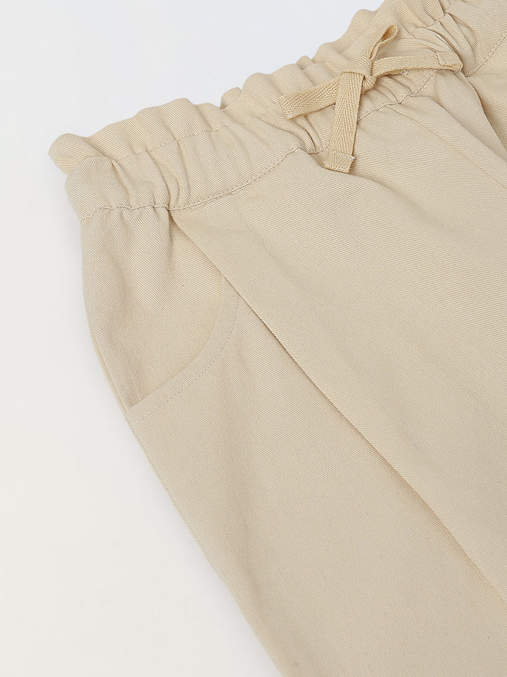 Spunkies Girls Beige Solid Elasticated Waist Single Pleated Trousers