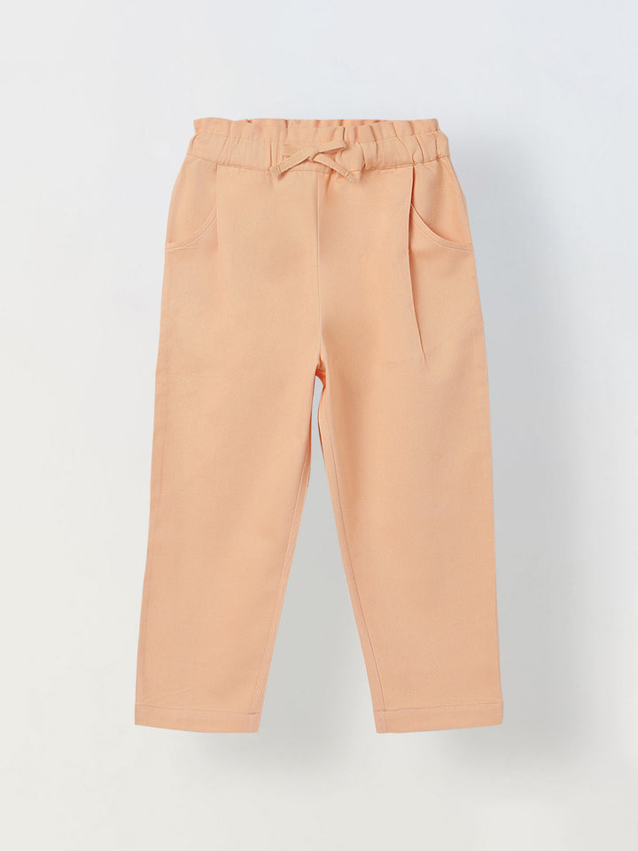 Spunkies Girls Peach Solid Elasticated Waist Single Pleated Trousers