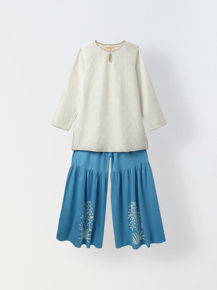 Full sleeve kurta and sharara set with multicolor dupatta for Girls