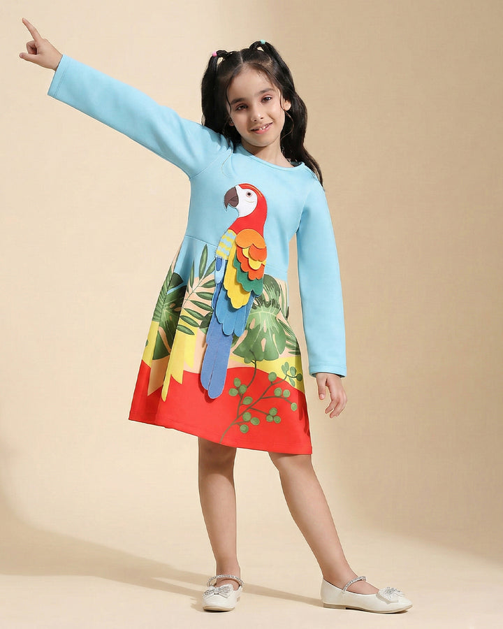 Blue Parrot Graphic Printed Dress for Girls