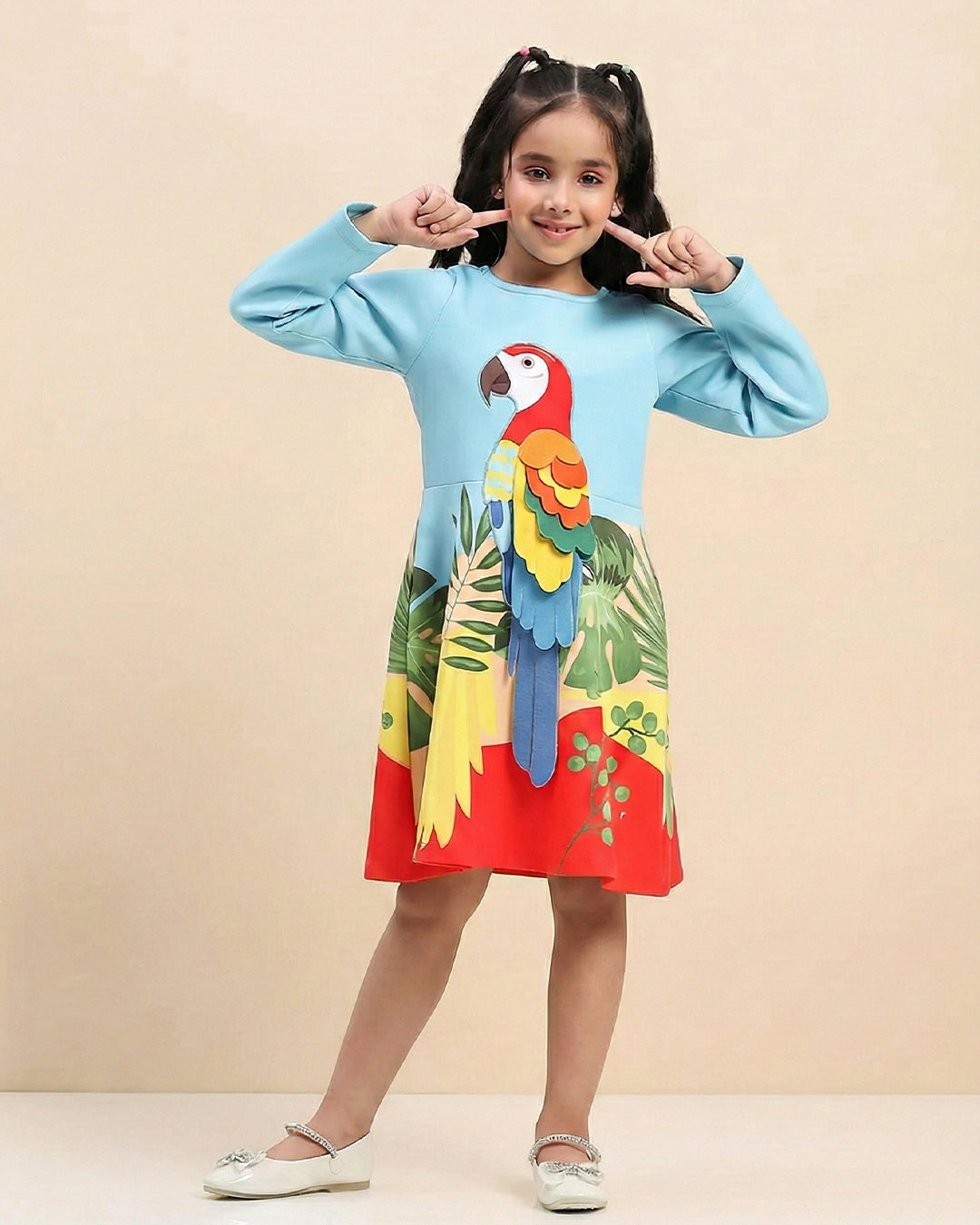 Blue Parrot Graphic Printed Dress for Girls