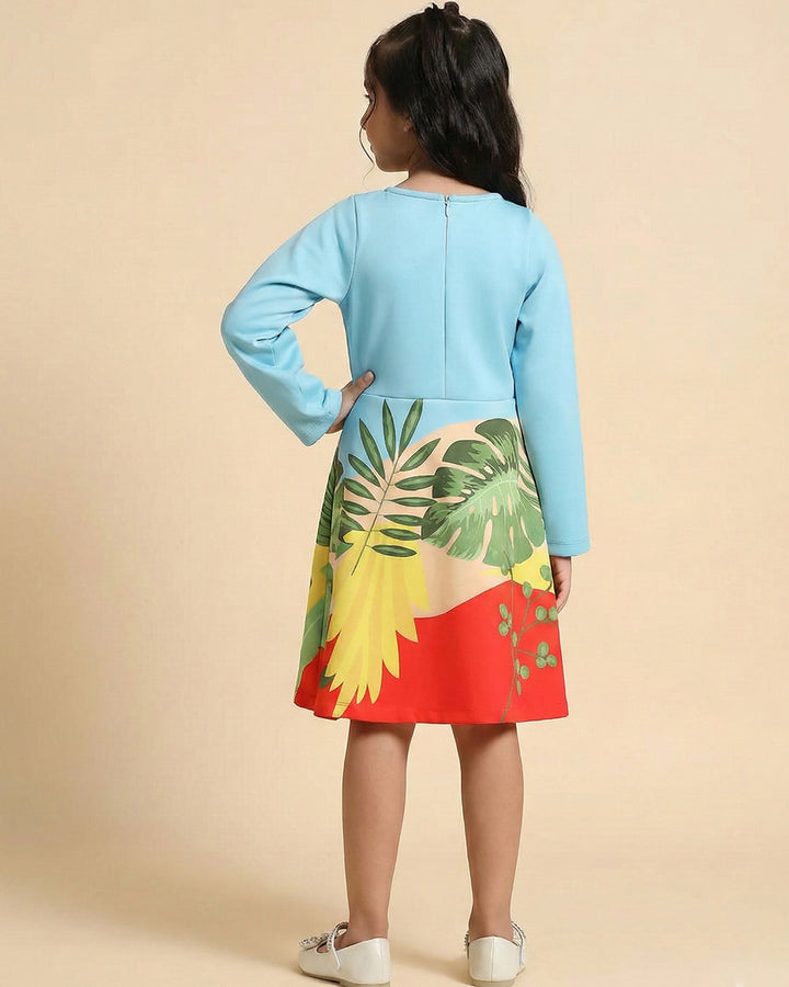 Blue Parrot Graphic Printed Dress for Girls