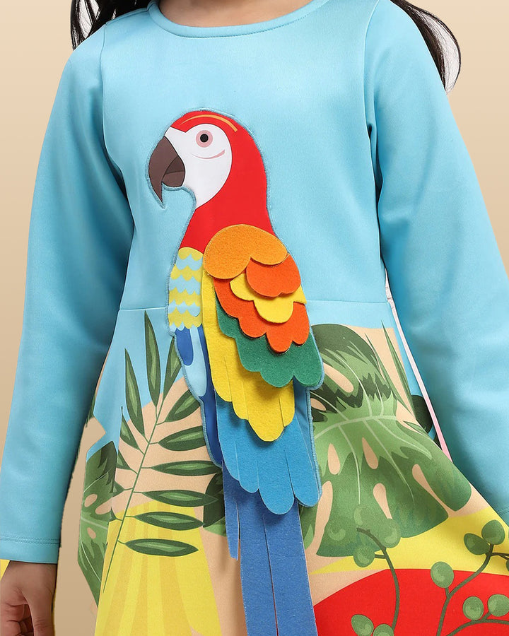 Blue Parrot Graphic Printed Dress for Girls