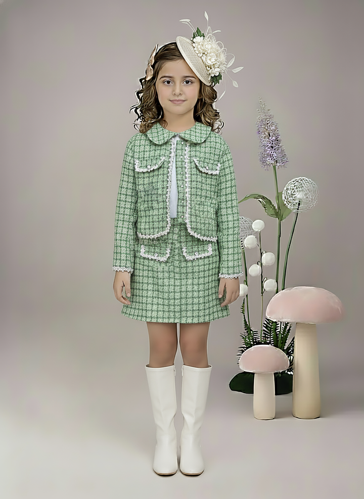 Girl's Green Plaid Tweed Skirt and Jacket Set