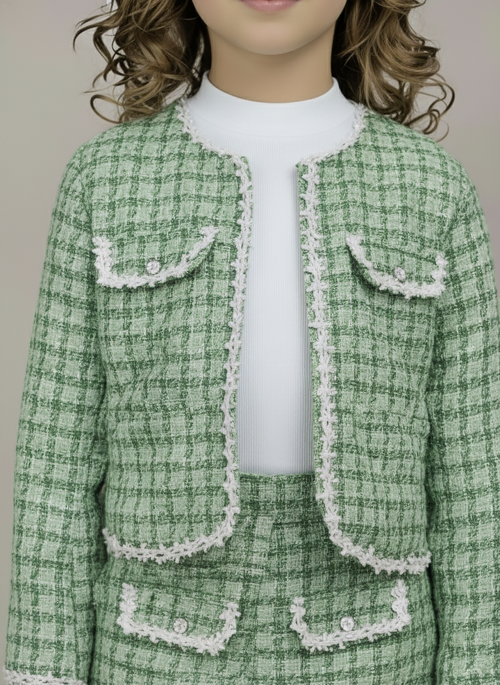 Girl's Green Plaid Tweed Skirt and Jacket Set