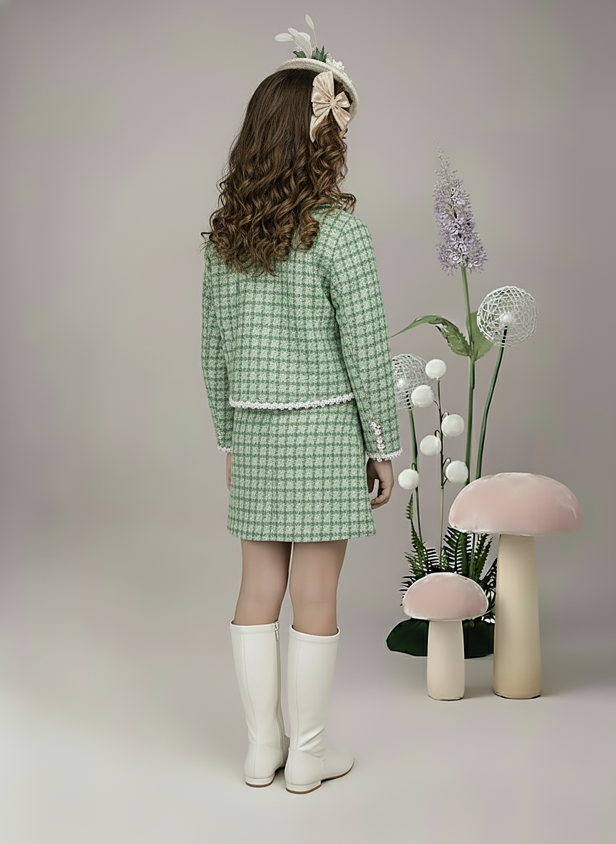 Girl's Green Plaid Tweed Skirt and Jacket Set
