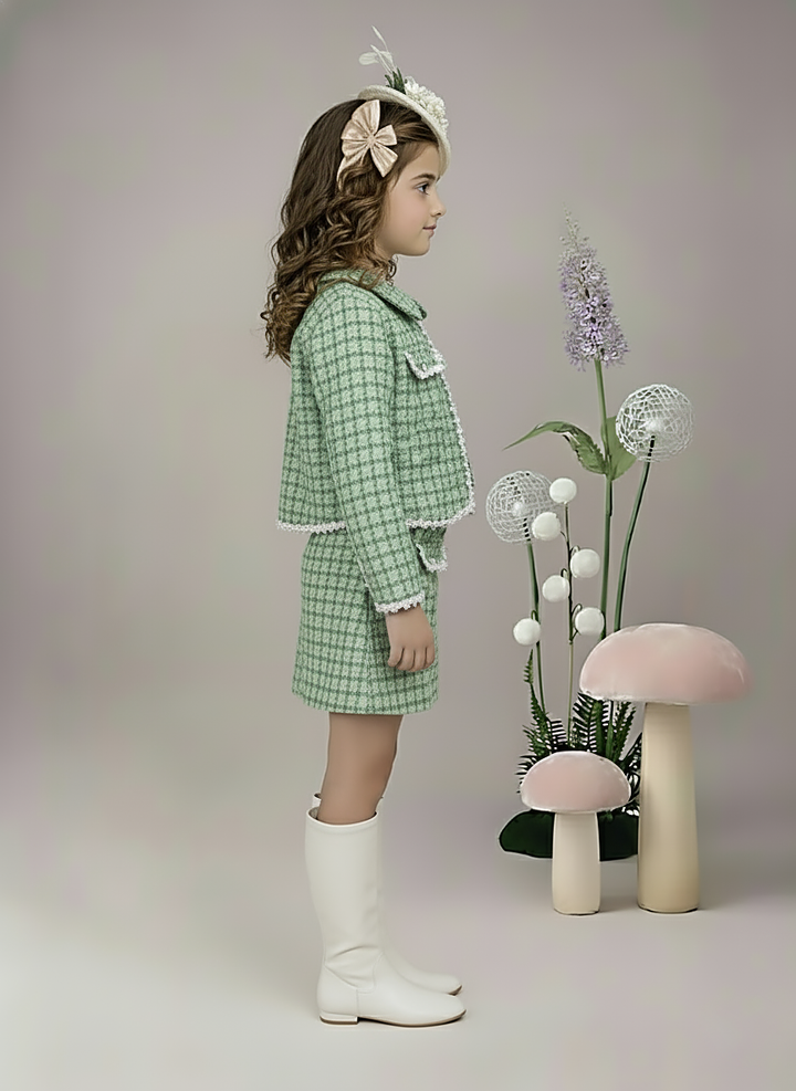 Girl's Green Plaid Tweed Skirt and Jacket Set