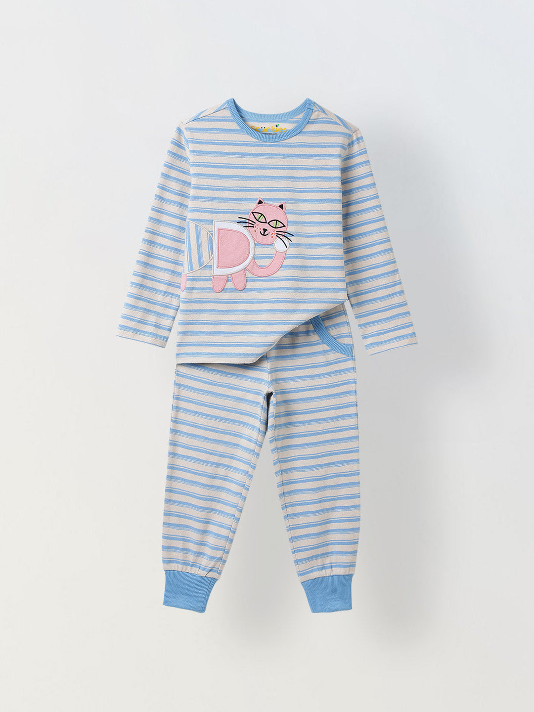 Girls Blue Striped T-shirt with Pyjamas Set