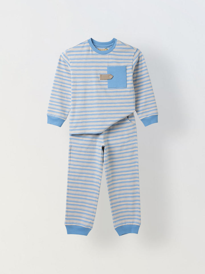 Beige & Blue Striped T-shirt with Pyjamas Set