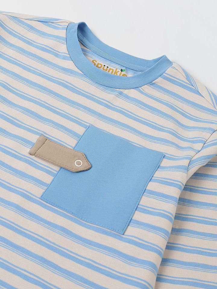 Beige & Blue Striped T-shirt with Pyjamas Set