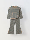 Girls Green & Beige Striped T-shirt with Pyjamas Set