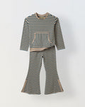 Girls Green & Beige Striped T-shirt with Pyjamas Set