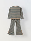 Girls Green & Beige Striped T-shirt with Pyjamas Set