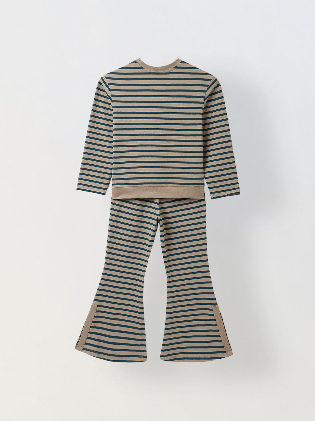 Girls Green & Beige Striped T-shirt with Pyjamas Set