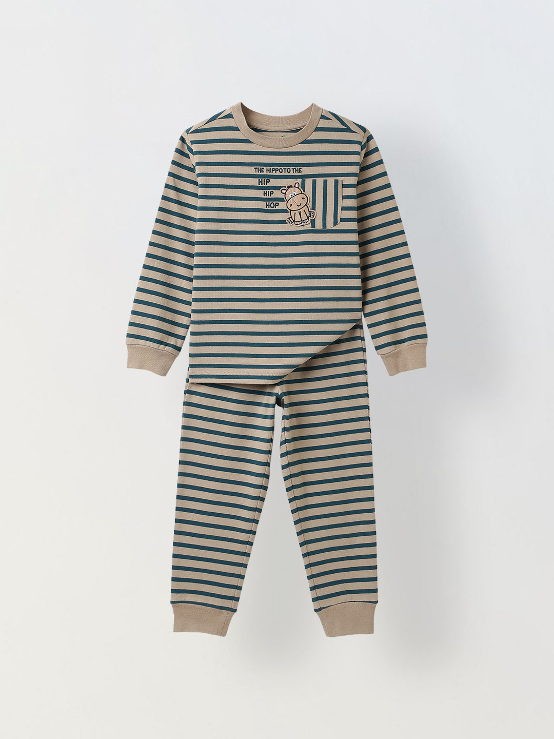 Beige & Green Striped T-shirt with Pyjamas Set