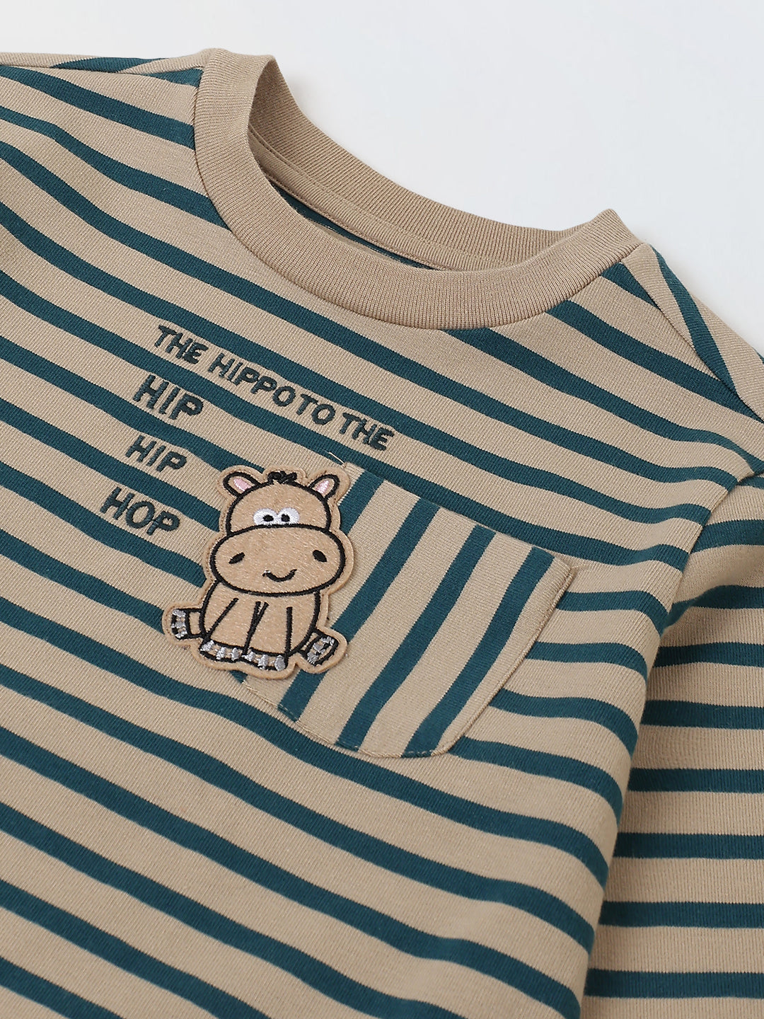 Beige & Green Striped T-shirt with Pyjamas Set
