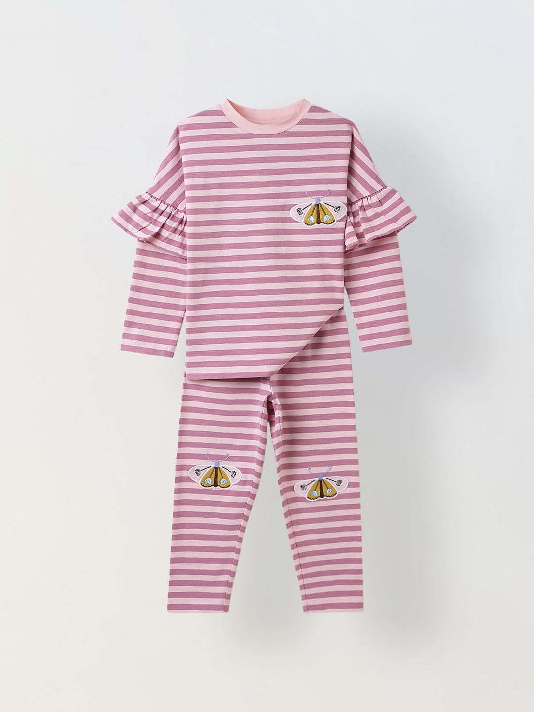 Girls Pink Striped T-shirt with Pyjamas Set