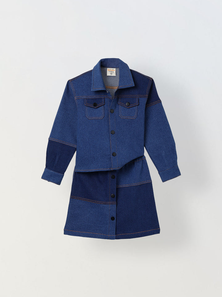Spunkies Girls Navy Blue Color-Blocked Collared Long Sleeves Shirt and Skirt Set