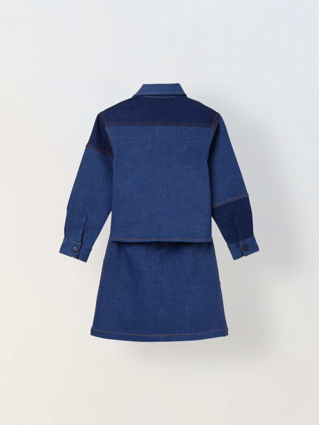 Spunkies Girls Navy Blue Color-Blocked Collared Long Sleeves Shirt and Skirt Set