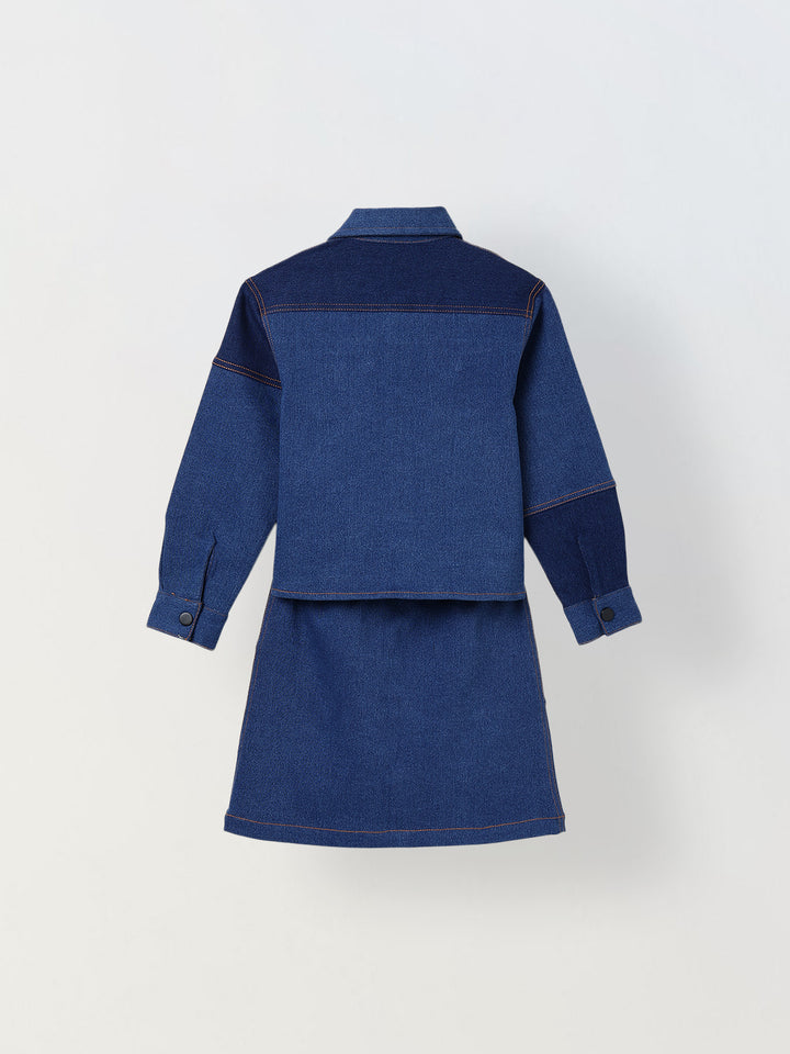 Spunkies Girls Navy Blue Color-Blocked Collared Long Sleeves Shirt and Skirt Set