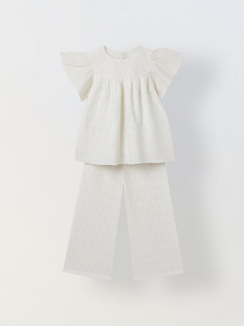 Spunkies Girls White Geometric Embroidered Round Neck Short Sleeves Top and Trousers Set
