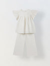 Spunkies Girls White Geometric Embroidered Round Neck Short Sleeves Top and Trousers Set