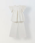 Spunkies Girls White Geometric Embroidered Round Neck Short Sleeves Top and Trousers Set