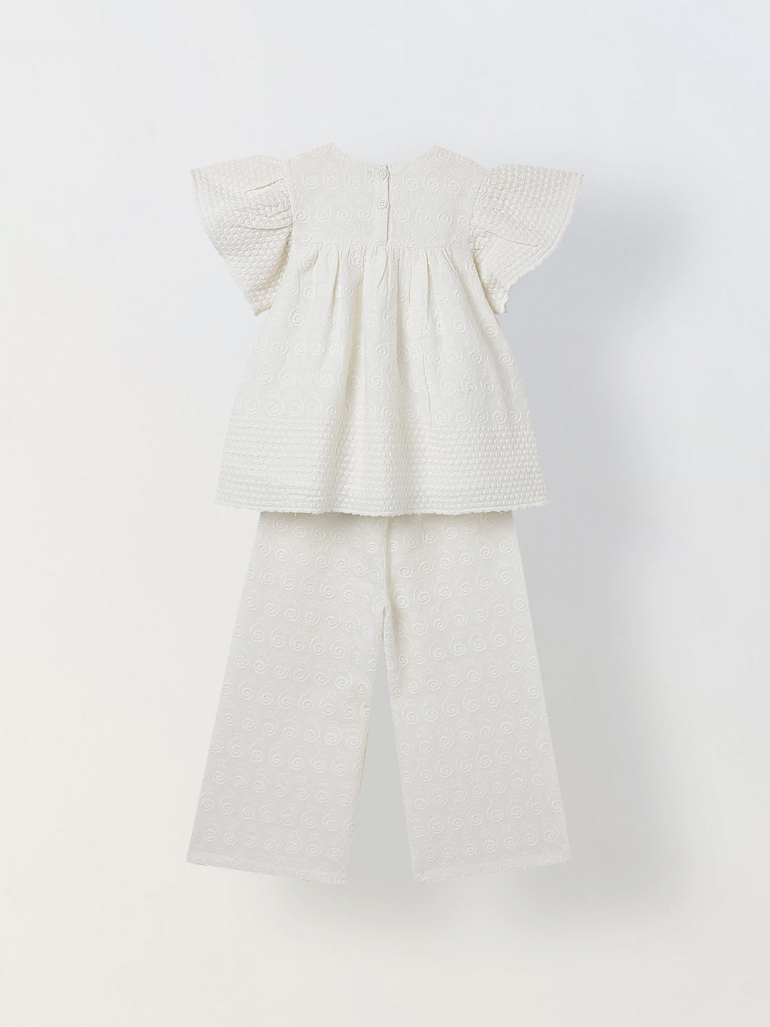 Spunkies Girls White Geometric Embroidered Round Neck Short Sleeves Top and Trousers Set