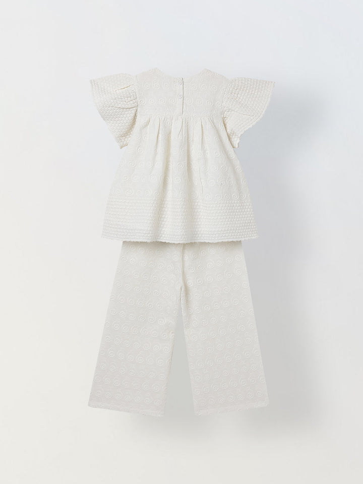 Spunkies Girls White Geometric Embroidered Round Neck Short Sleeves Top and Trousers Set