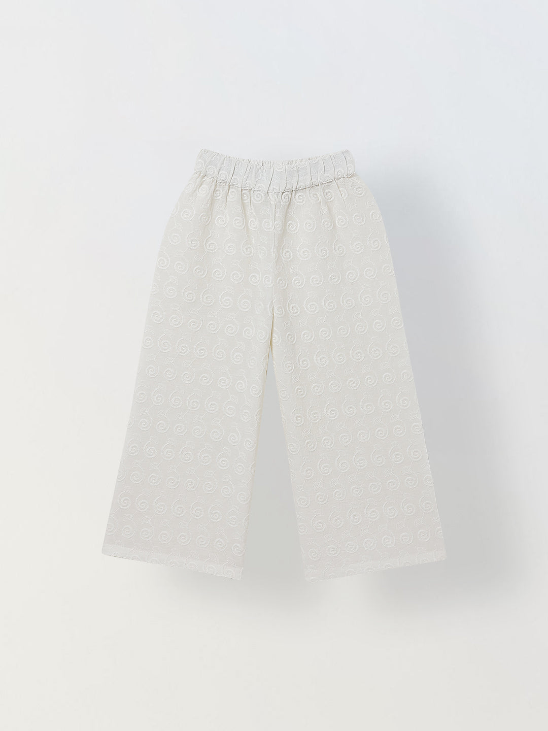 Spunkies Girls White Geometric Embroidered Round Neck Short Sleeves Top and Trousers Set