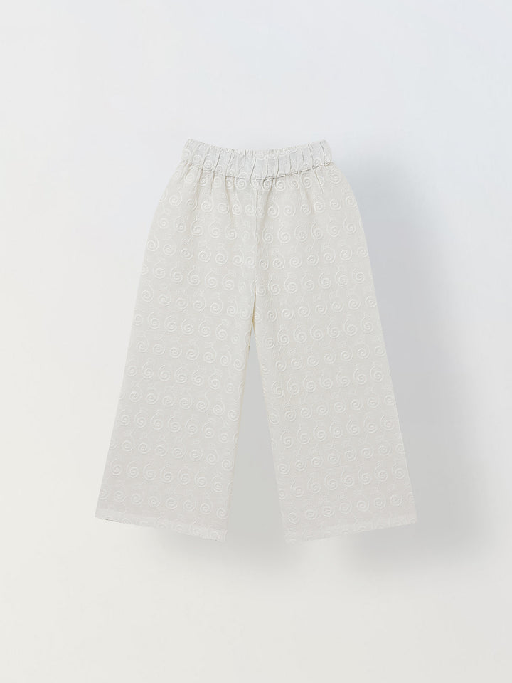 Spunkies Girls White Geometric Embroidered Round Neck Short Sleeves Top and Trousers Set