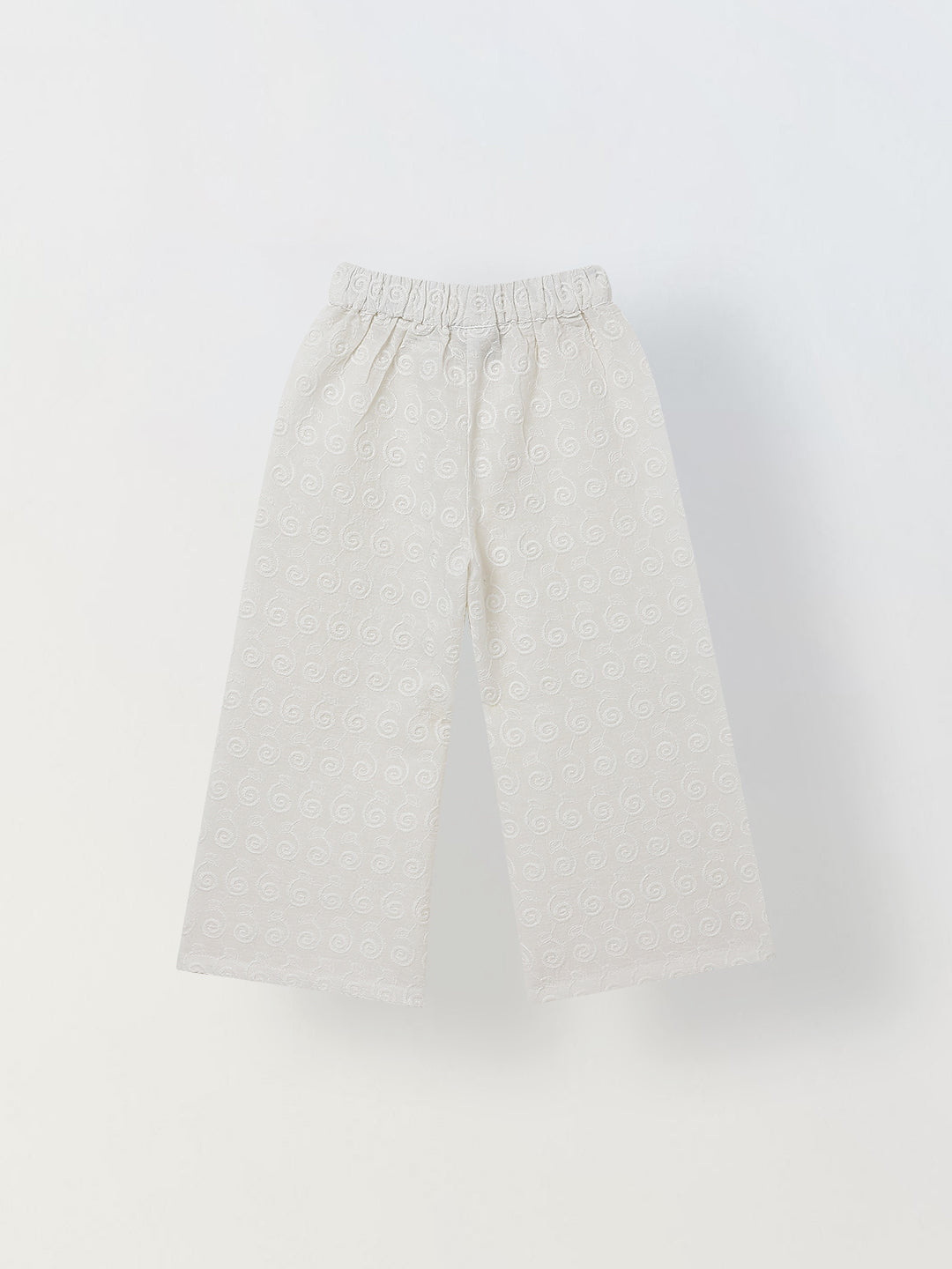 Spunkies Girls White Geometric Embroidered Round Neck Short Sleeves Top and Trousers Set