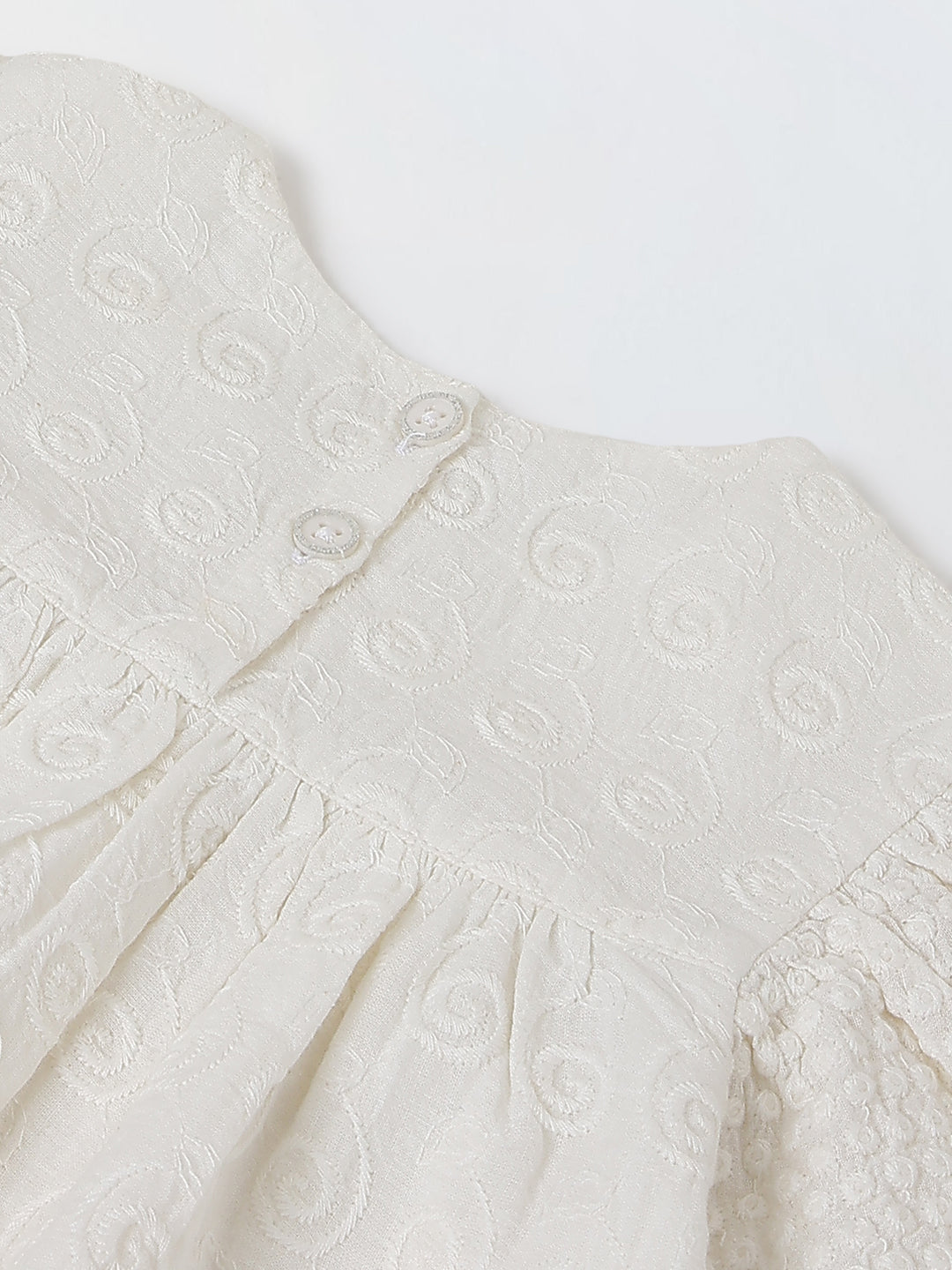 Spunkies Girls White Geometric Embroidered Round Neck Short Sleeves Top and Trousers Set