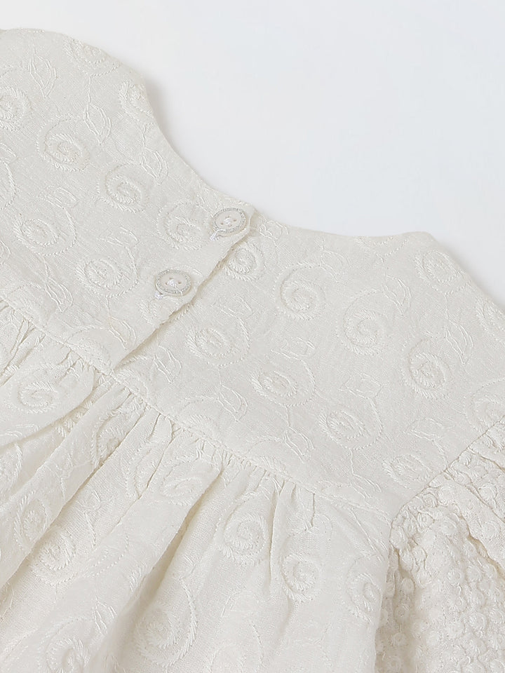 Spunkies Girls White Geometric Embroidered Round Neck Short Sleeves Top and Trousers Set