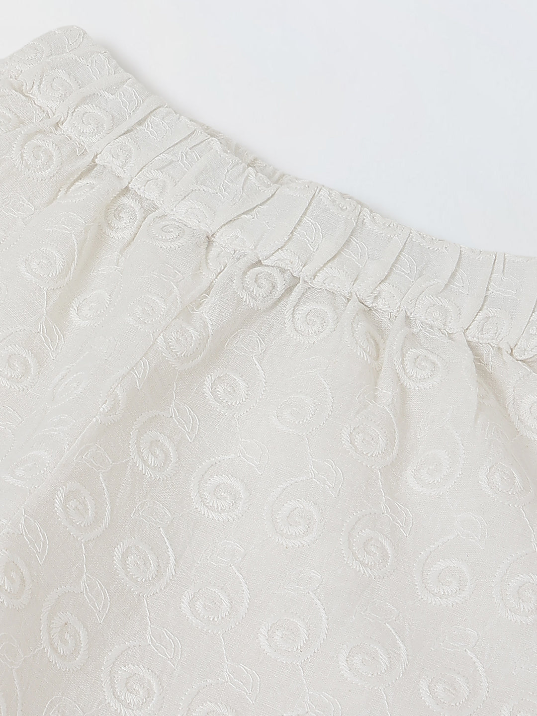 Spunkies Girls White Geometric Embroidered Round Neck Short Sleeves Top and Trousers Set