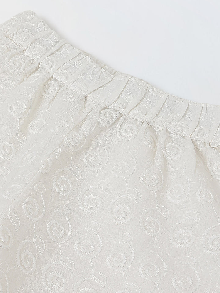 Spunkies Girls White Geometric Embroidered Round Neck Short Sleeves Top and Trousers Set