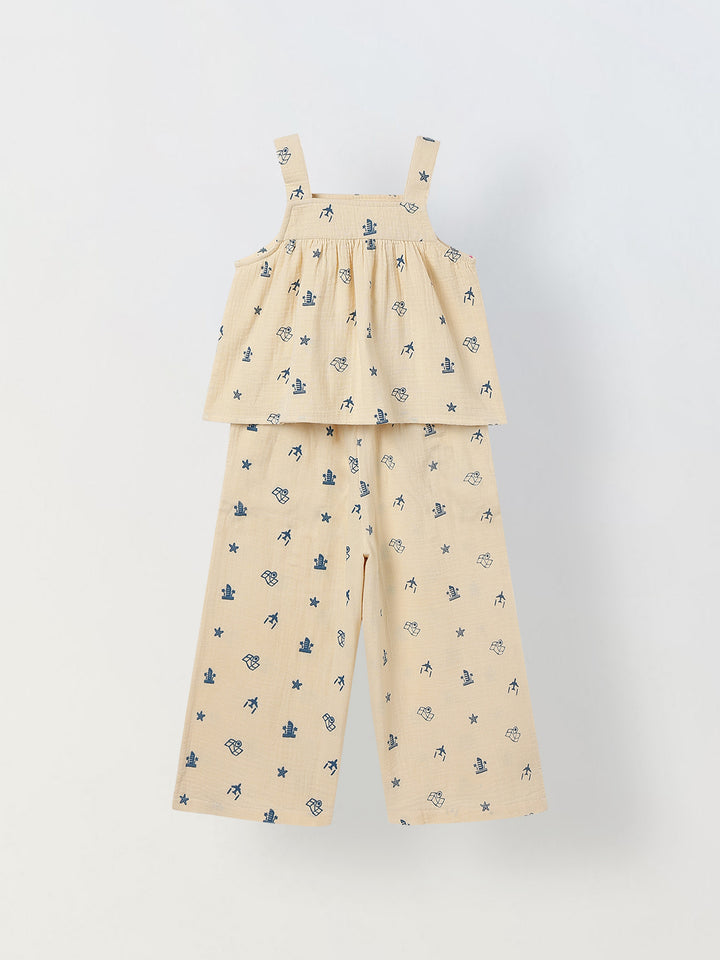 Spunkies Girls Ecru Geometric Print Square Neck Sleeveless Top and Trousers Set