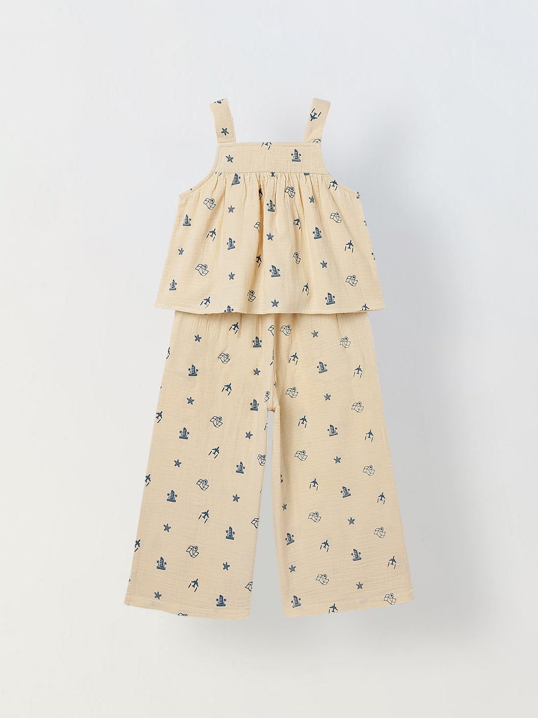 Spunkies Girls Ecru Geometric Print Square Neck Sleeveless Top and Trousers Set