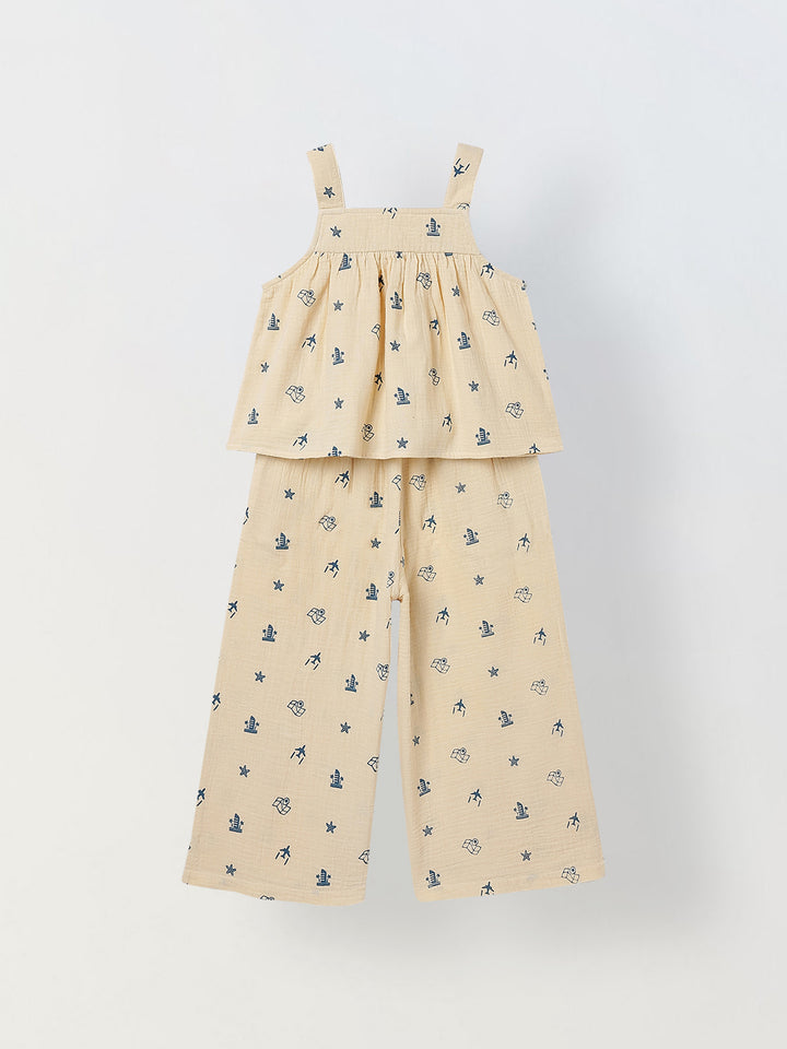 Spunkies Girls Ecru Geometric Print Square Neck Sleeveless Top and Trousers Set