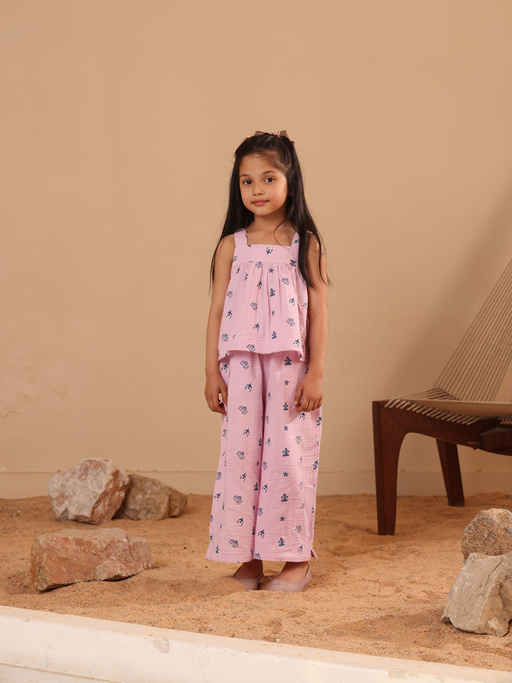 Spunkies Girls Pink Geometric Print Square Neck Sleeveless Top and Trousers Set