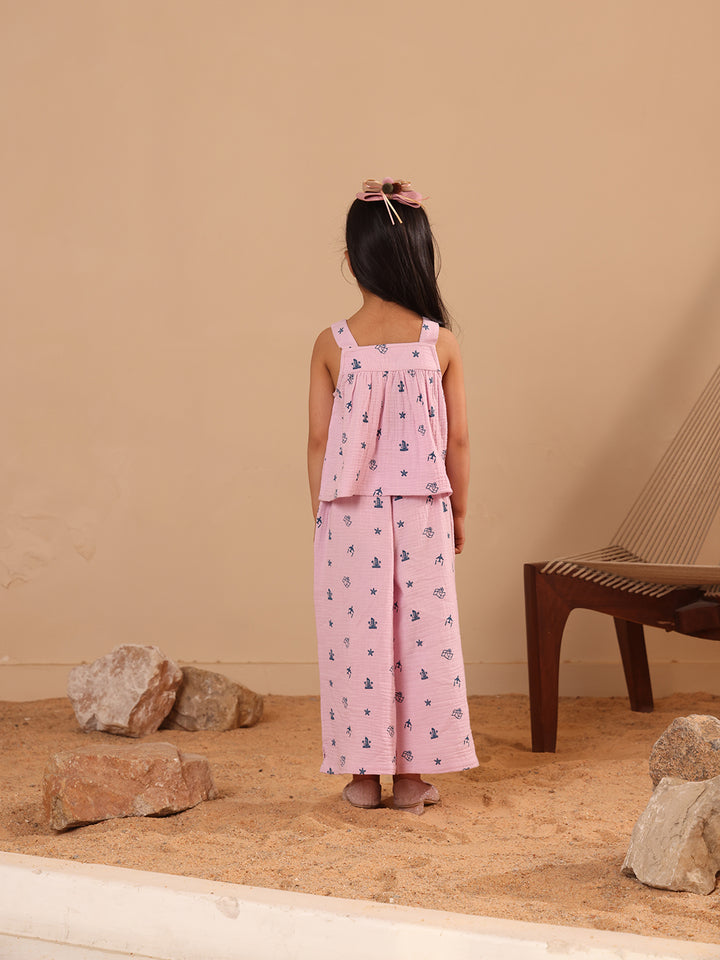 Spunkies Girls Pink Geometric Print Square Neck Sleeveless Top and Trousers Set