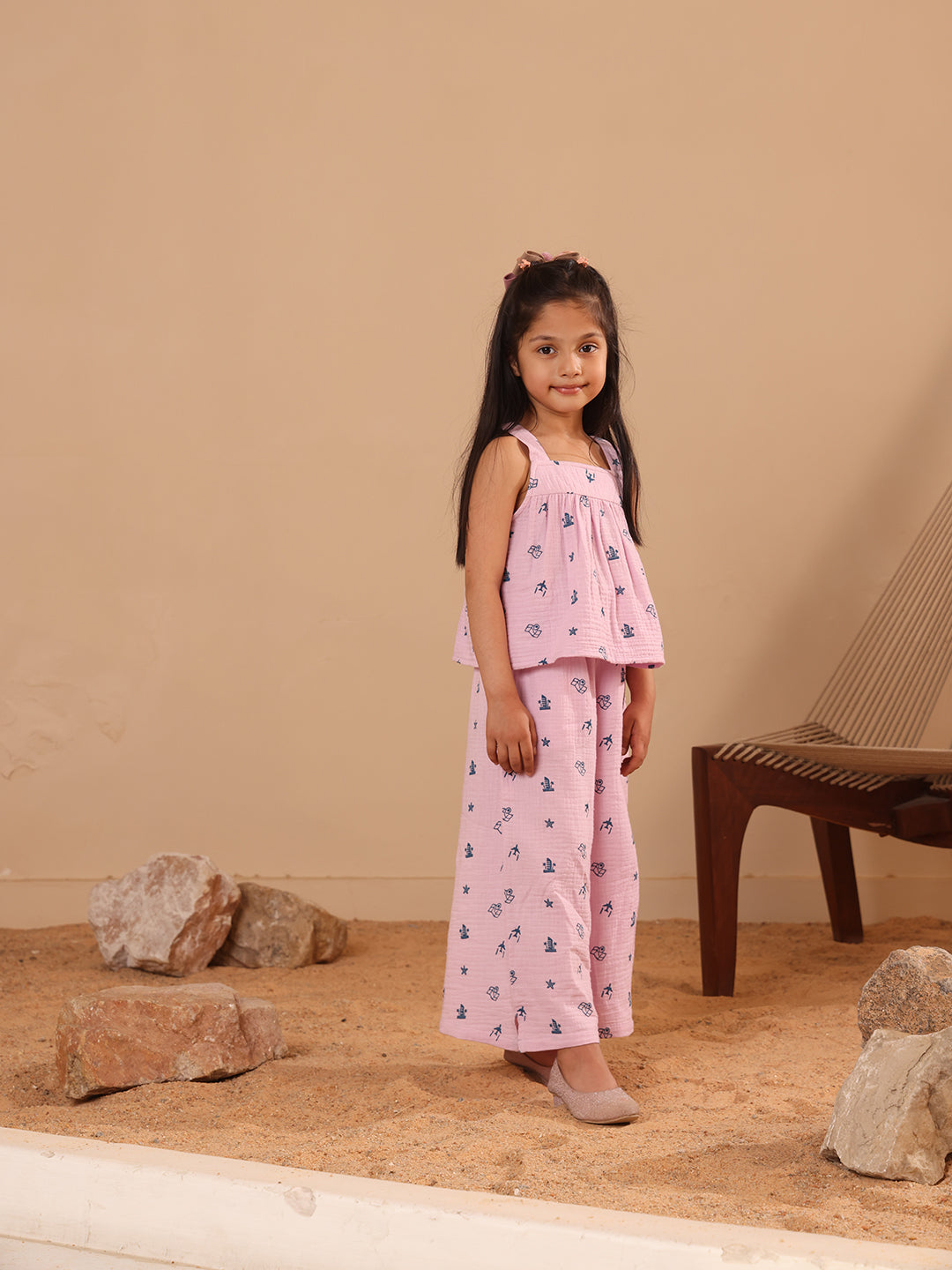 Spunkies Girls Pink Geometric Print Square Neck Sleeveless Top and Trousers Set